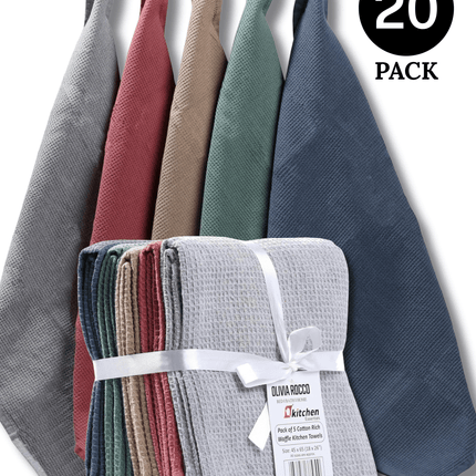 OLIVIA ROCCO 20 Pack Tea Towel Set Waffle Weave 100% Cotton Absorbent Durable Kitchen