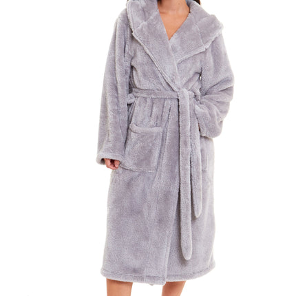 OLIVIA ROCCO Hooded Robe Women Grey Velvet Touch Fleece Luxuriously Soft Durable Loungewear Dressing Gown UK Sizes 8 to 22 Comfort