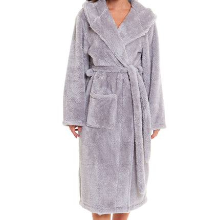 OLIVIA ROCCO Hooded Robe Women Grey Velvet Touch Fleece Luxuriously Soft Durable Loungewear Dressing Gown UK Sizes 8 to 22 Comfort