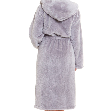 OLIVIA ROCCO Hooded Robe Women Grey Velvet Touch Fleece Luxuriously Soft Durable Loungewear Dressing Gown UK Sizes 8 to 22 Comfort