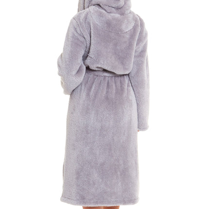 OLIVIA ROCCO Hooded Robe Women Grey Velvet Touch Fleece Luxuriously Soft Durable Loungewear Dressing Gown UK Sizes 8 to 22 Comfort